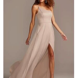 David's Bridal Crepe back Satin one shoulder maxi bridesmaid dress color Sand